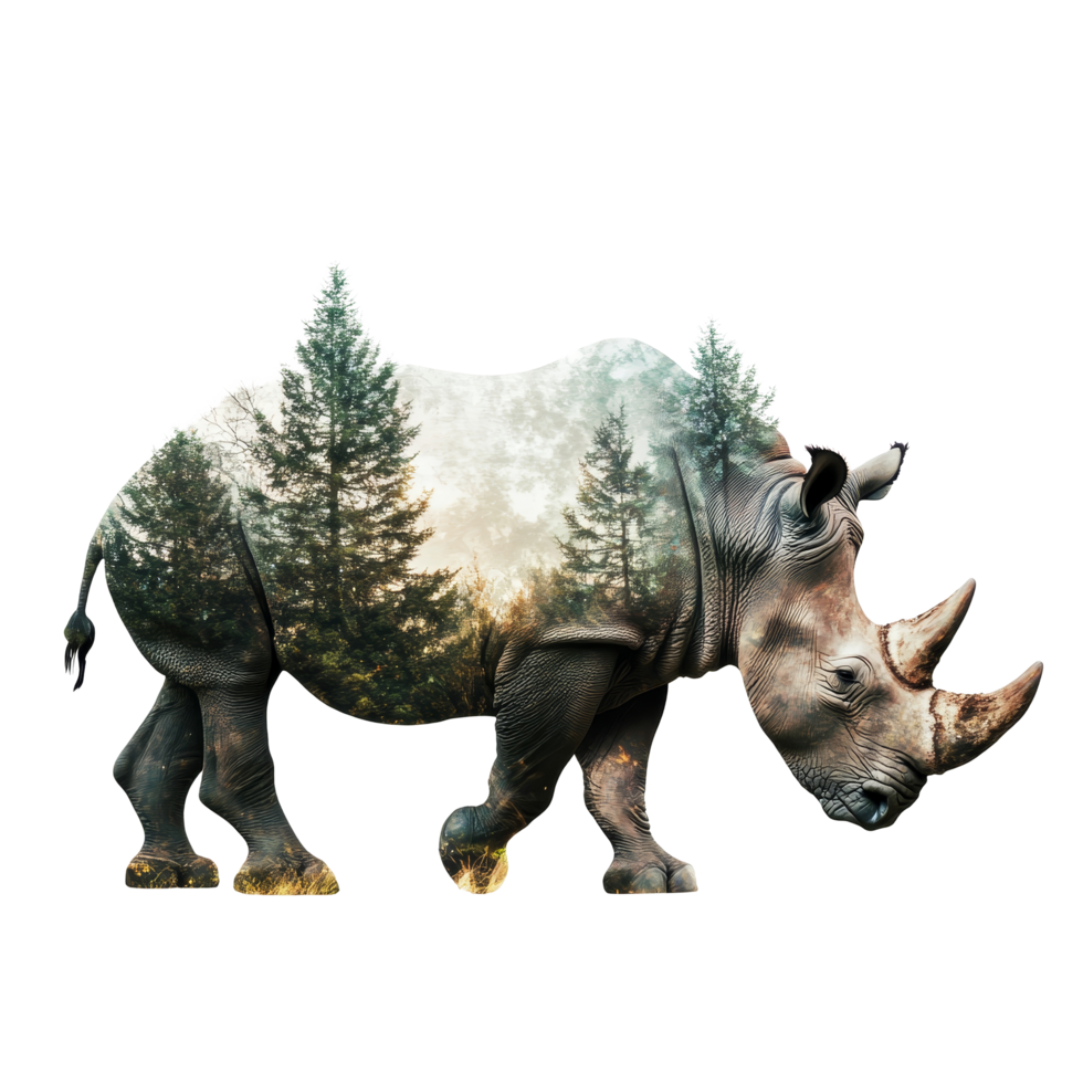 A powerful rhino traverses a forest in a stunning double exposure showcasing natures beauty and strength, Rhino and forest double exposure, concept of power of the nature with transparent background png