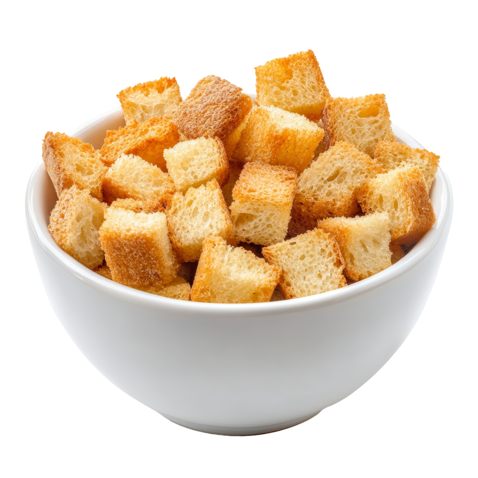 Crispy golden croutons served in a transparent bowl, perfect for garnishing salads and soups during any meal time, Crispy croutons in bowl isolated Stock Photo png