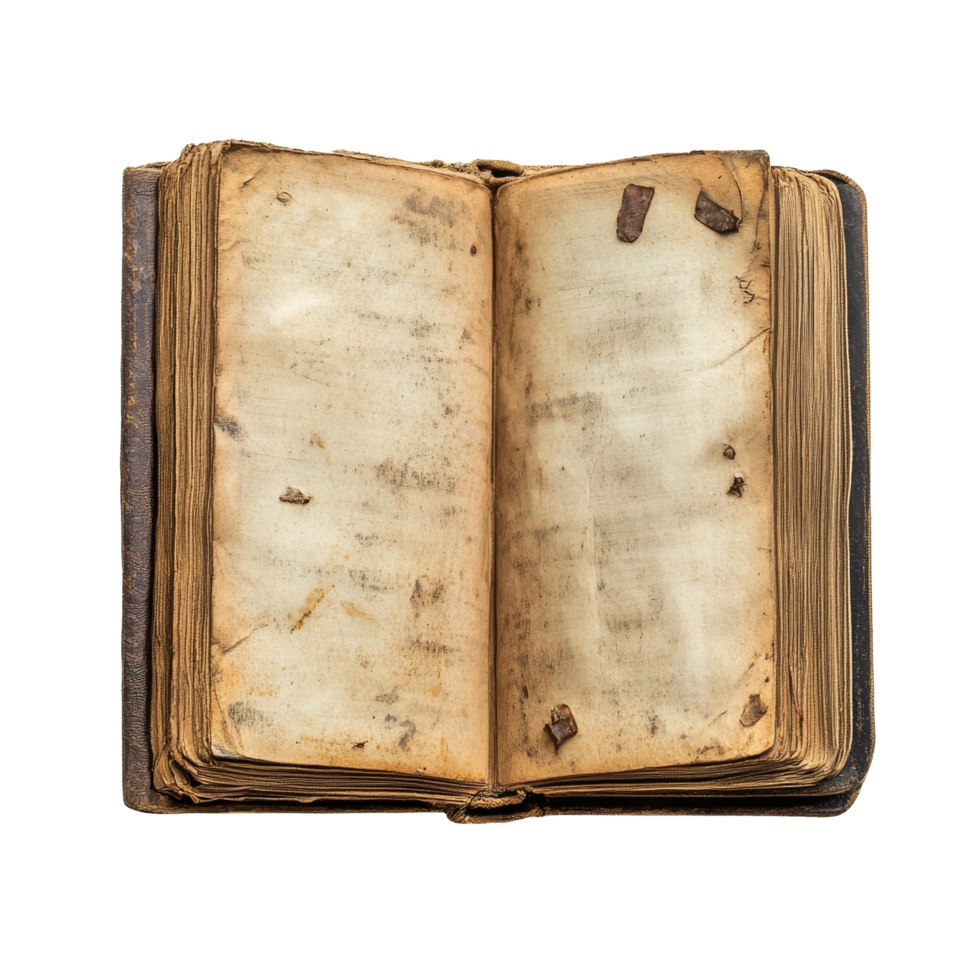 An antique book resting on a transparent background revealing its worn pages and age, book on transparent backgroundfile png