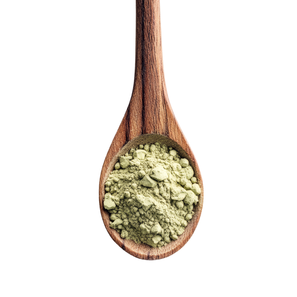 Green Kariyat herbal powder displayed in a wooden spoon on a transparent background for natural remedy enthusiasts, Green Kariyat herbal powder in wood spoon on transparent background png