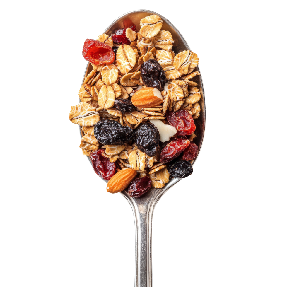 Fresh granola cereal with fruits and nuts served in a spoon on a clean transparent background for healthy eating, granola cereals in spoon on transparent background png