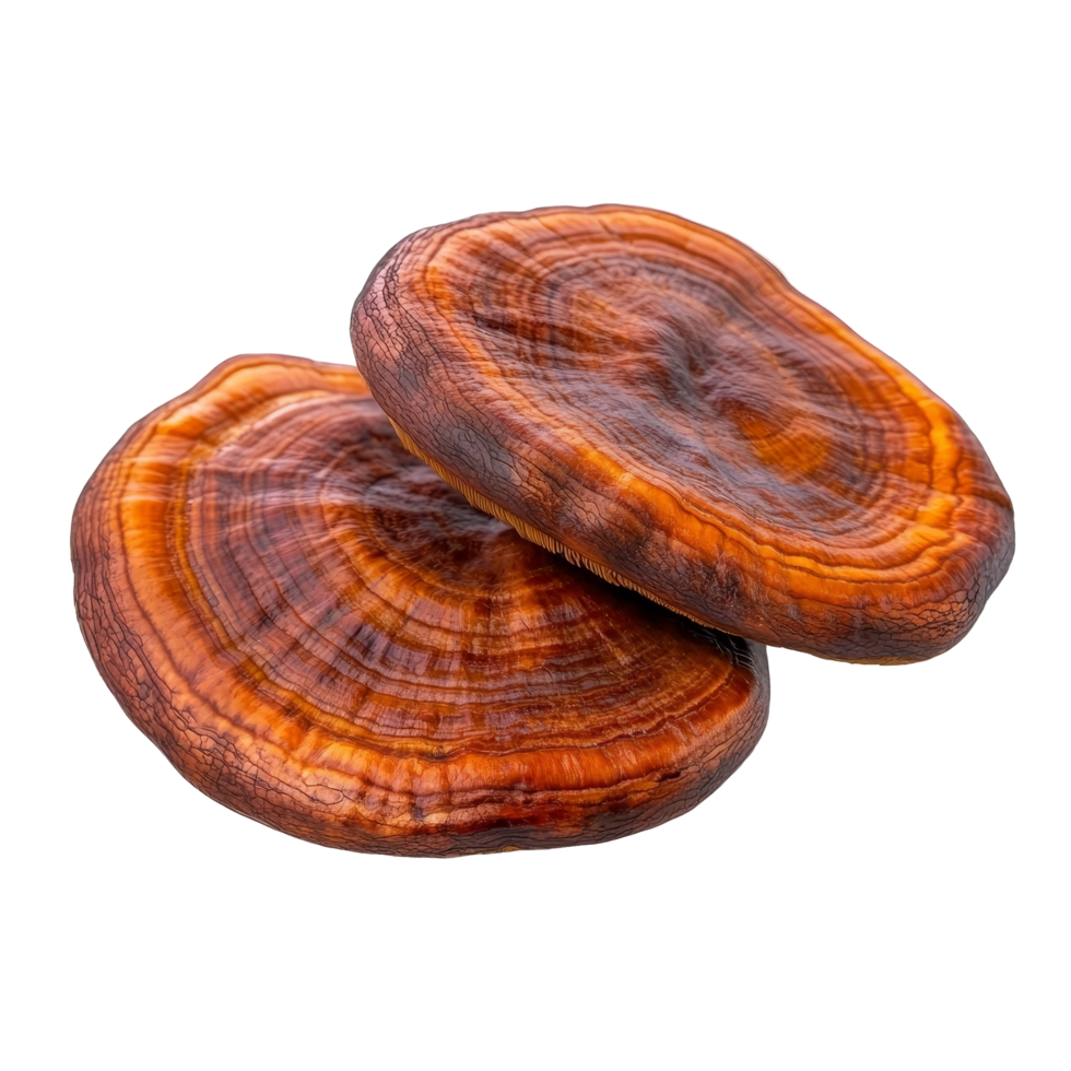 Reishi mushrooms on a transparent background showcasing their unique shape and vibrant colors, reishi mushroomGanoderma lucidum isolated on transparent background png