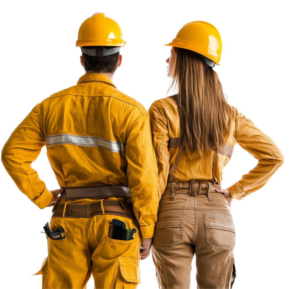 A couple in construction attire holding hands while wearing hard hats, viewed from the back against a backdrop, Couple in Construction Attire Back View Isolated on transparent background png