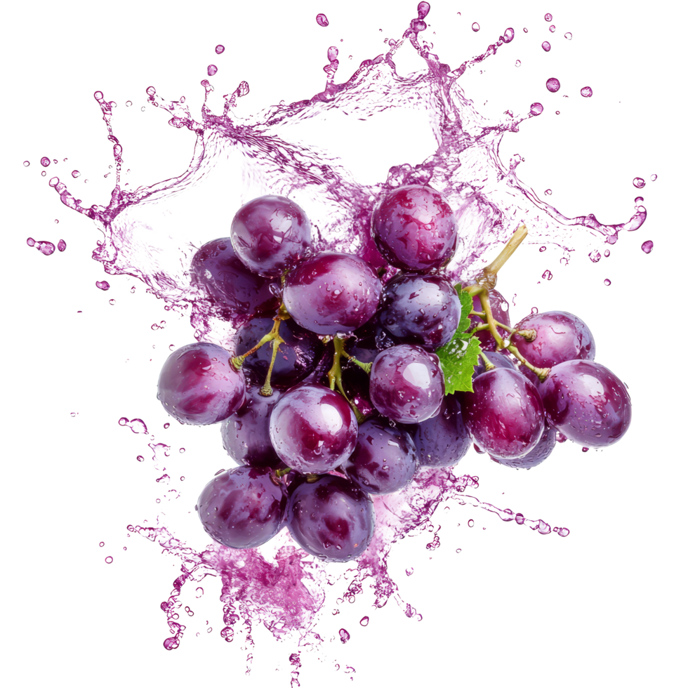 Fresh organic grapes splashing with vibrant juice against a bright transparent background, Fresh organic grape with juice splash on transparent background. grape splash transparent background png