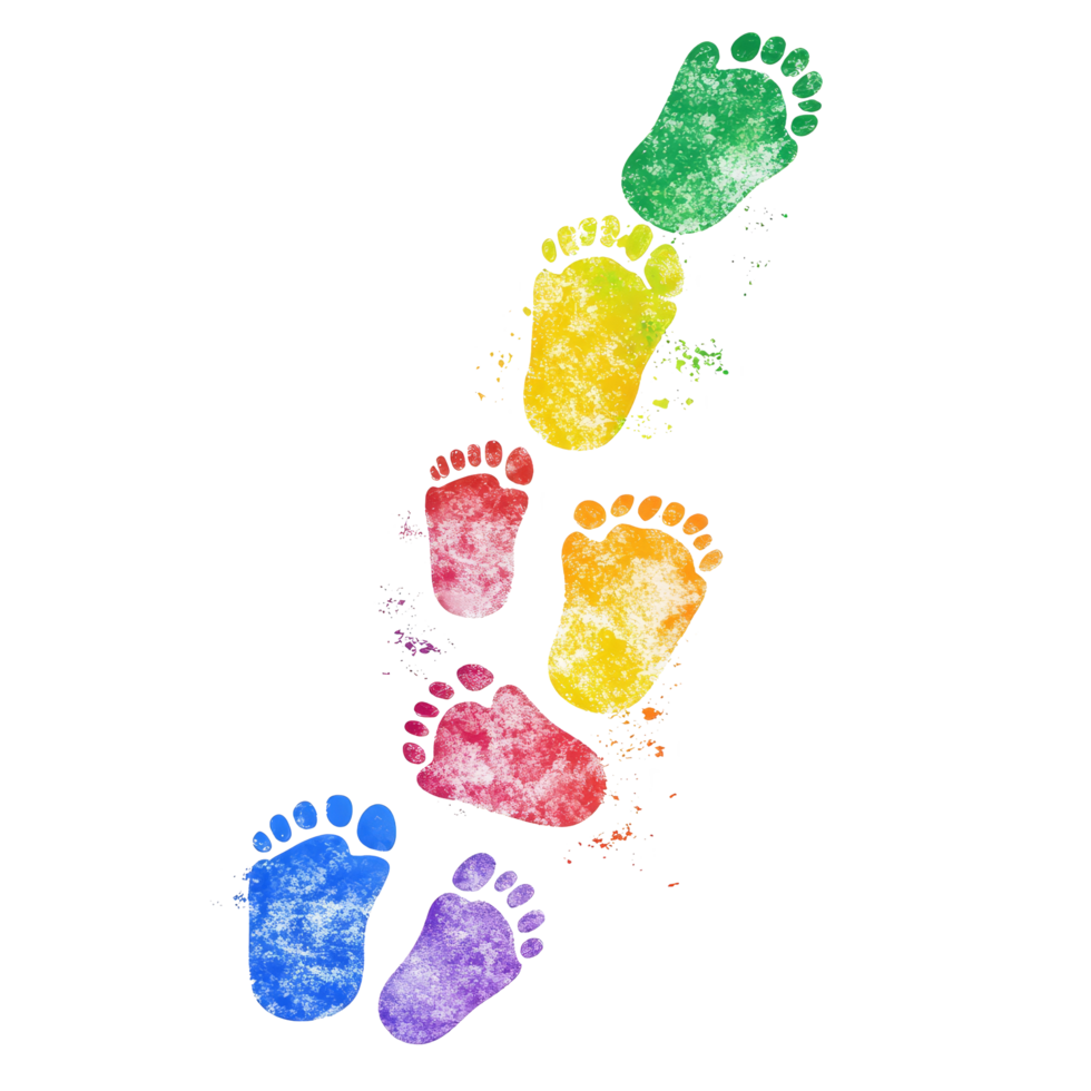 Colorful footprints create a vibrant trail on a light background, symbolizing joyful movement and creativity, colorful footprints straight walking in a trail on transparent background png
