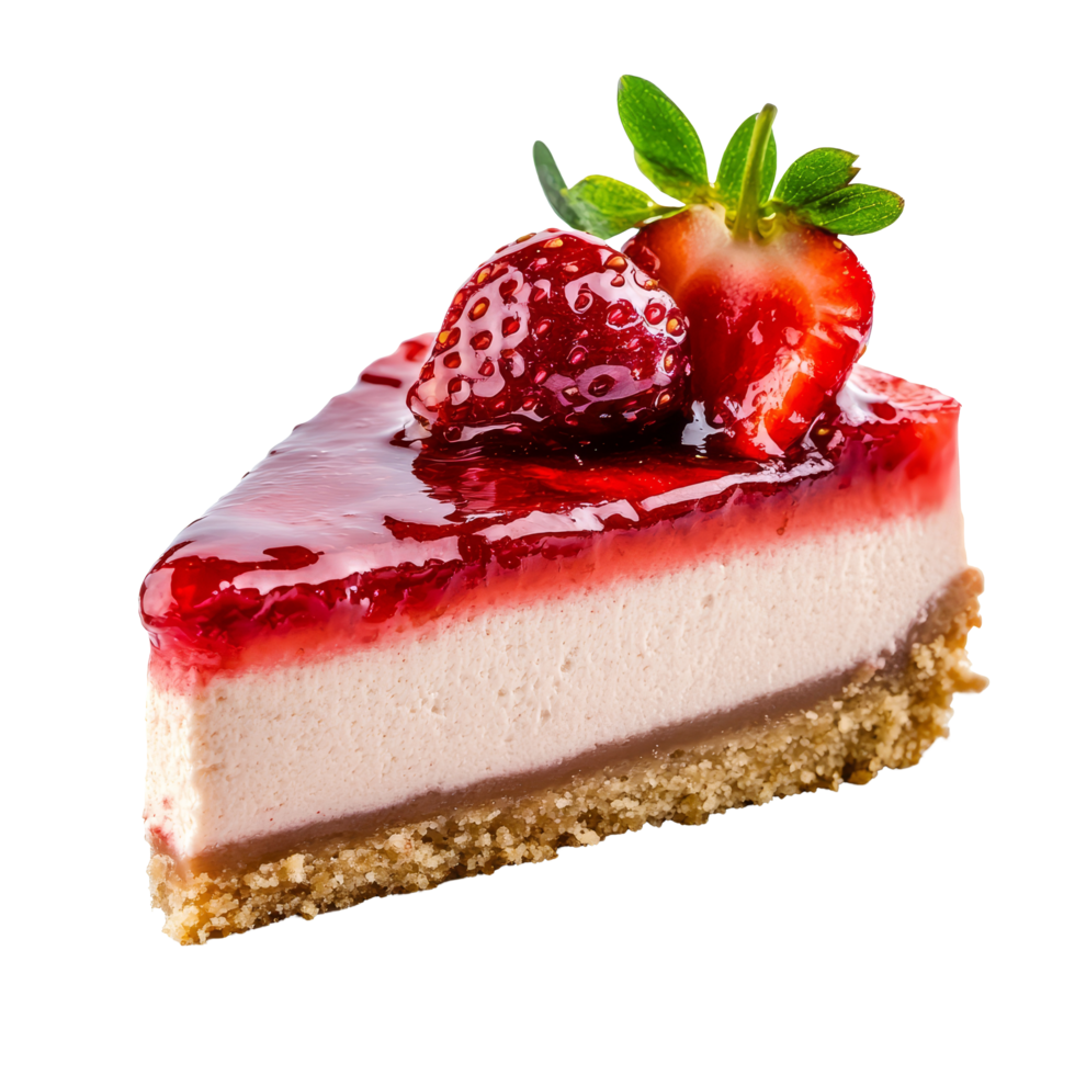 Delicious strawberry cheesecake slice on a transparent background showcasing a creamy texture and fresh toppings, strawberry cheesecake isolated on transparent background png