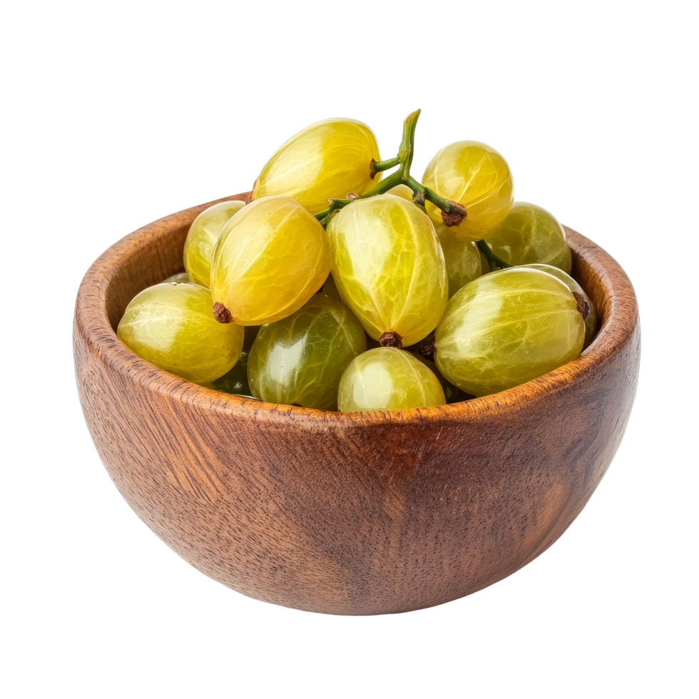 Star gooseberries in a rustic wooden bowl presented on a clean transparent backdrop for culinary inspiration, Star gooseberry in wood bowl isolated on transparent background png
