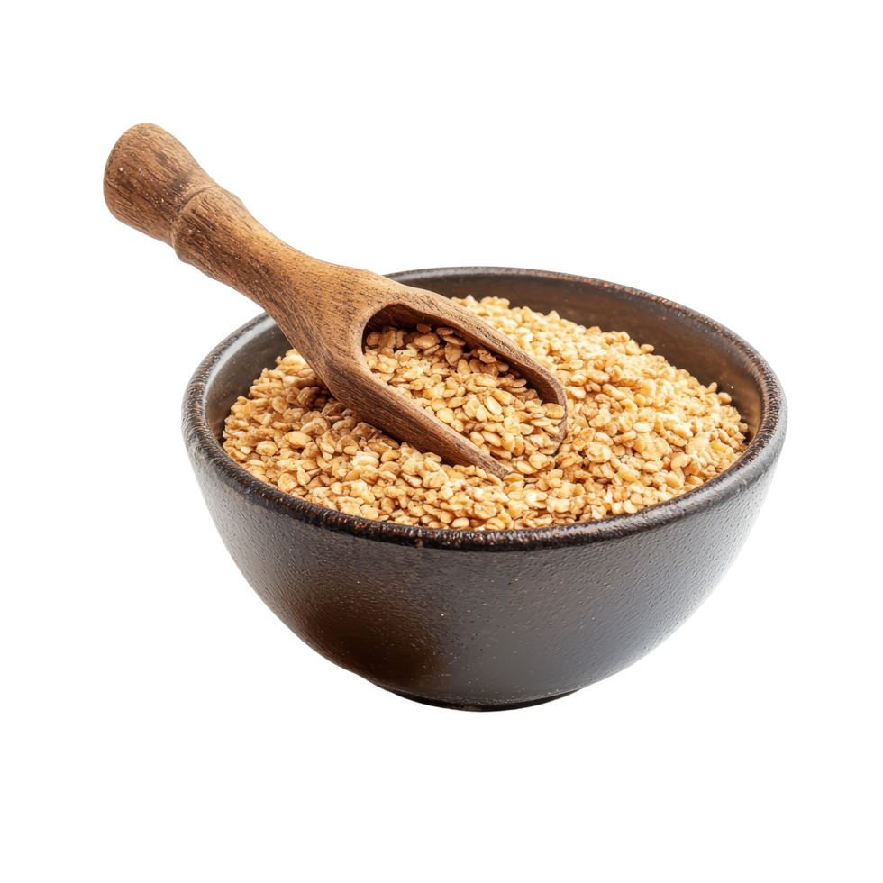 A wooden scoop rests in a bowl filled with nutritious wheat germ on a clean transparent background, Wheat germ in a bowl and scoop on transparent background png