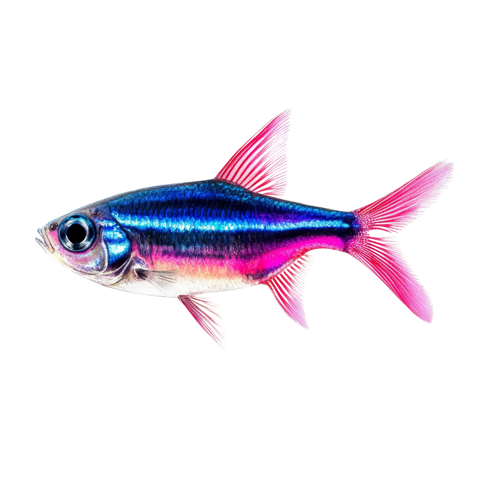 Neon tetra fish swimming gracefully on a pristine transparent background in a vibrant aquatic display, neon tetra fish, isolated transparent background png