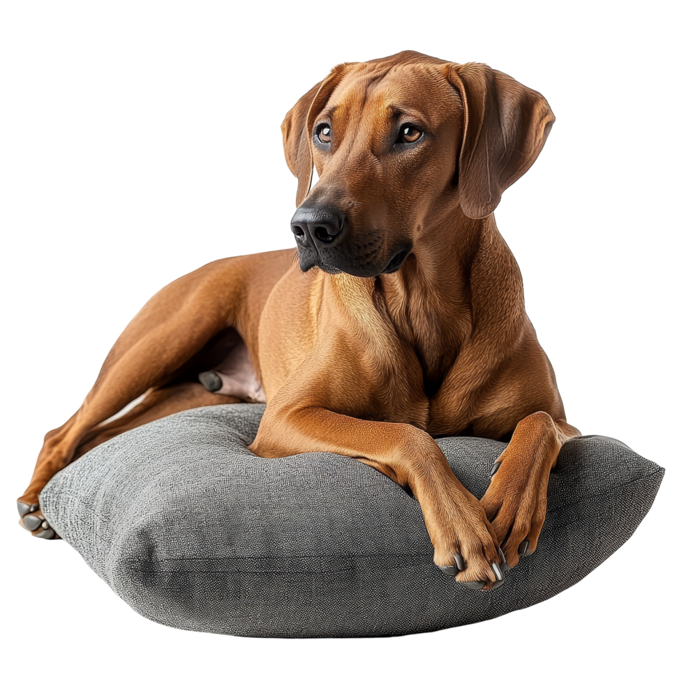Rhodesian Ridgeback dog relaxing comfortably on a soft cushion in a cozy indoor setting, Rhodesian Ridgeback Dog Relaxing on Cushion Isolated on transparent background png