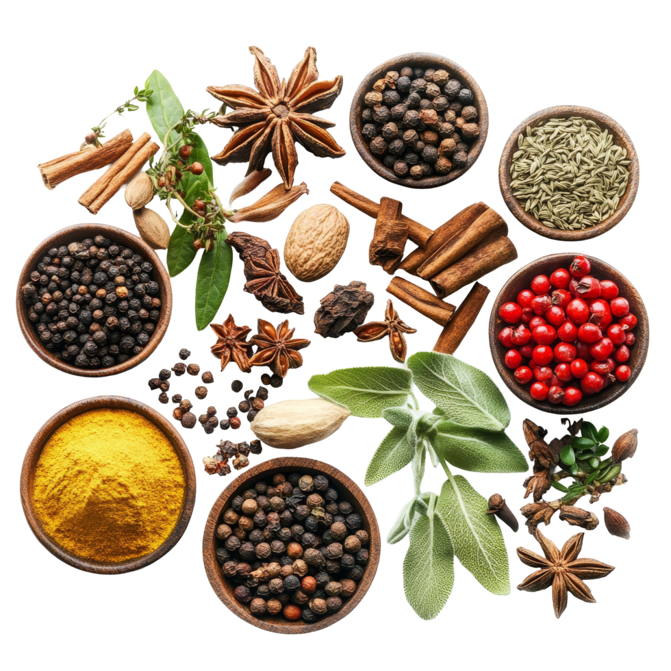 A variety of spices and herbs arranged on a transparent background for culinary use and flavor enhancement, Spices and Herbs Isolated on transparent Background png