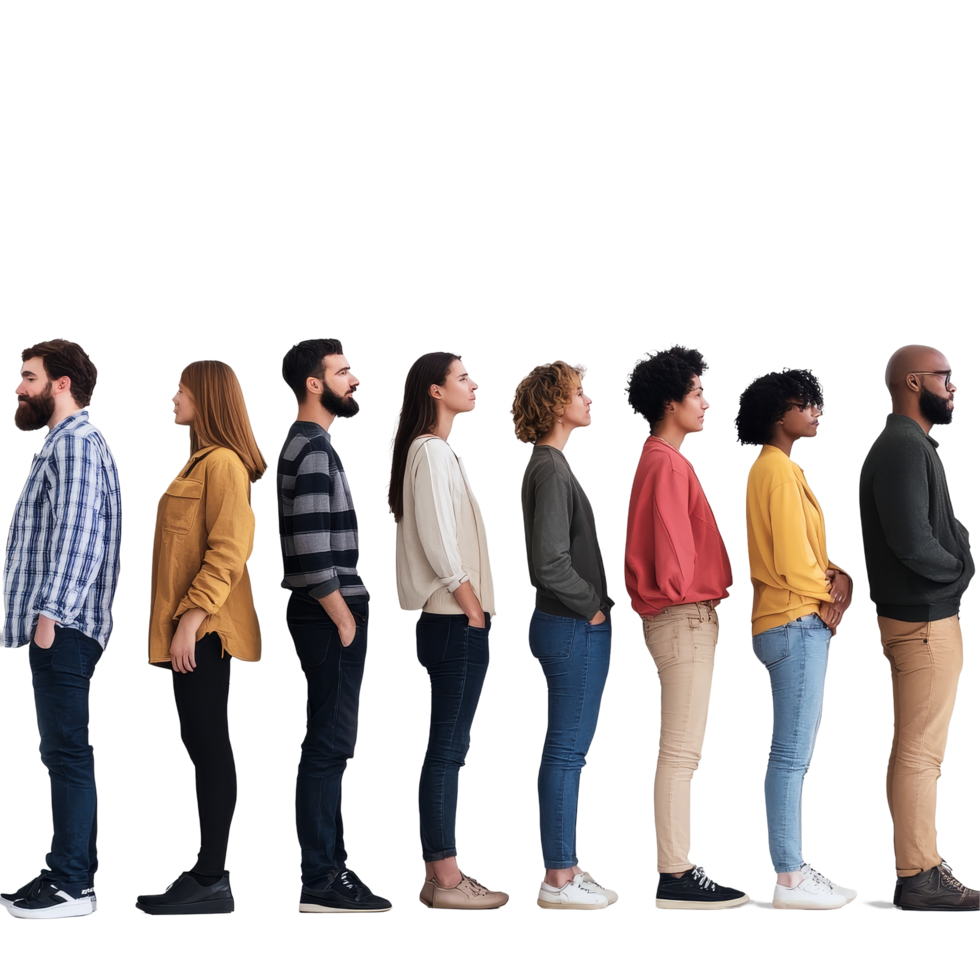 Diverse individuals patiently waiting in line against a transparent background during a quiet urban afternoon, Diverse people waiting patiently in line png