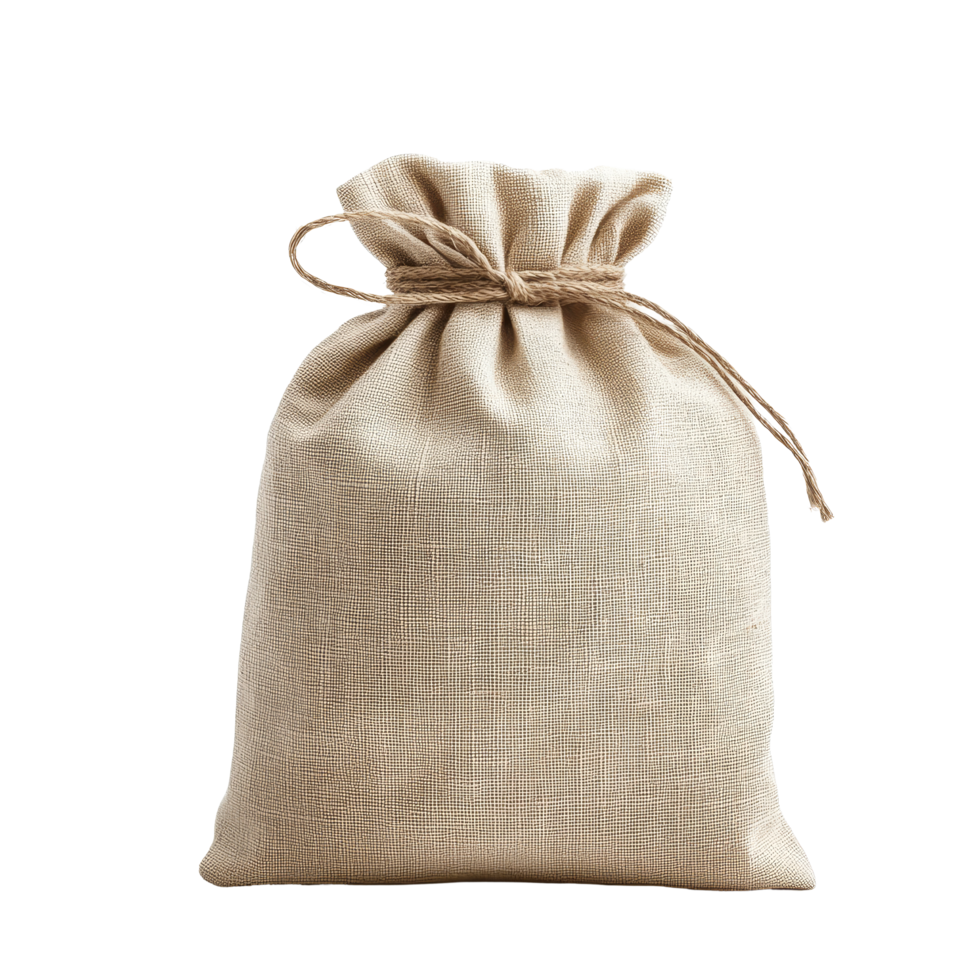 Natural ecofriendly linen bag mockup for sustainable packaging solutions, Textile small bag mockup. Natural eco fabric linen cotton sack isolated on transparent, transparent background png