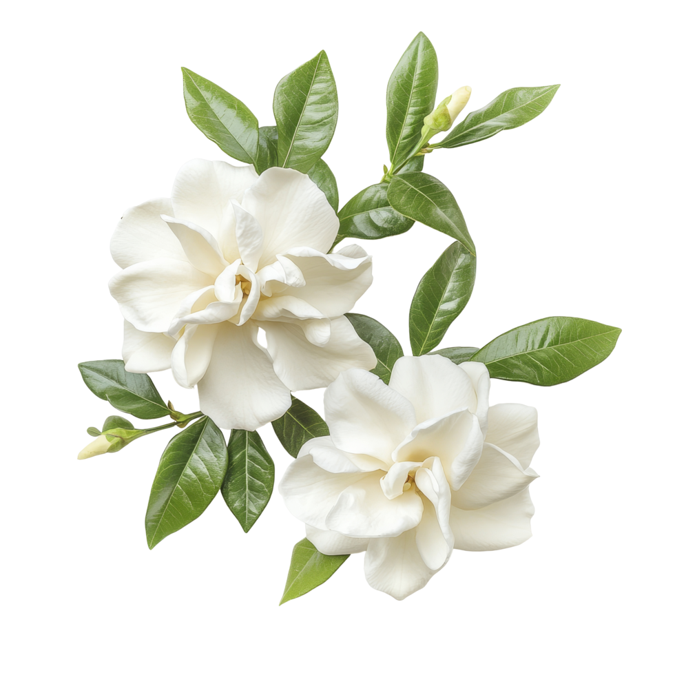 Beautiful gardenia flowers with lush green leaves isolated on transparent background ideal for floral arrangements, of Gardenia flowers isolated on transparent background png