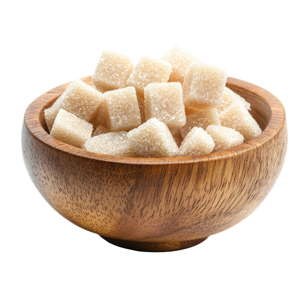 Sugar cubes piled in a wooden bowl creating a natural aesthetic on a bright transparent background, Sugar cube in wood bowl isolated on transparent background png