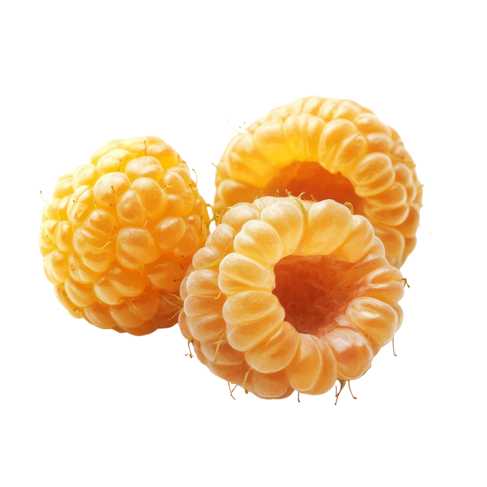 Fresh yellow raspberries arranged neatly on a transparent background, showcasing their vibrant color and unique texture, half yellow raspberries isolated on transparent background png