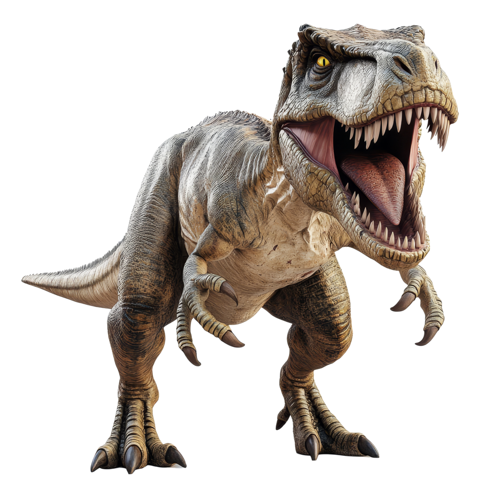 A realistic Tyrannosaurus Rex dinosaur roaring against a transparent background showcasing its detailed features and posture, Tyrannosaurus Rex Dinosaur on transparent background png