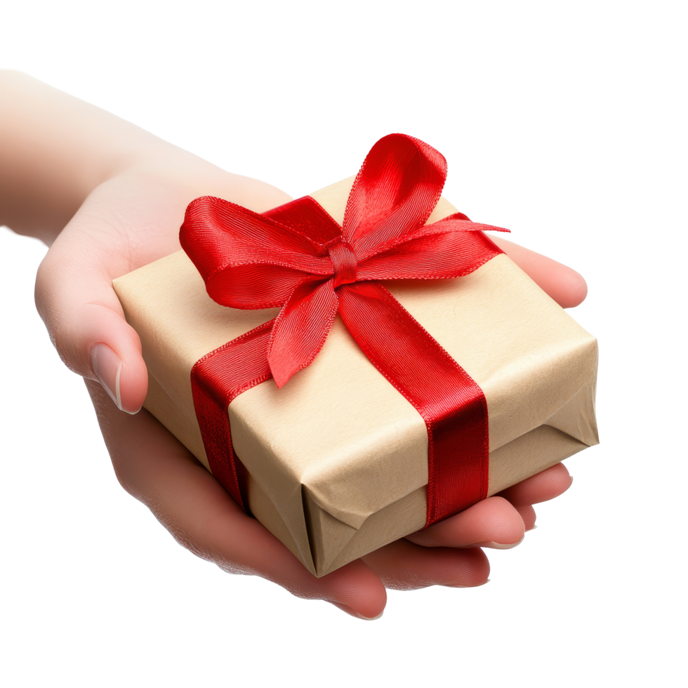 A person offering a beautifully wrapped gift with a red ribbon against a clean transparent background, Giving a gift on transparent background png