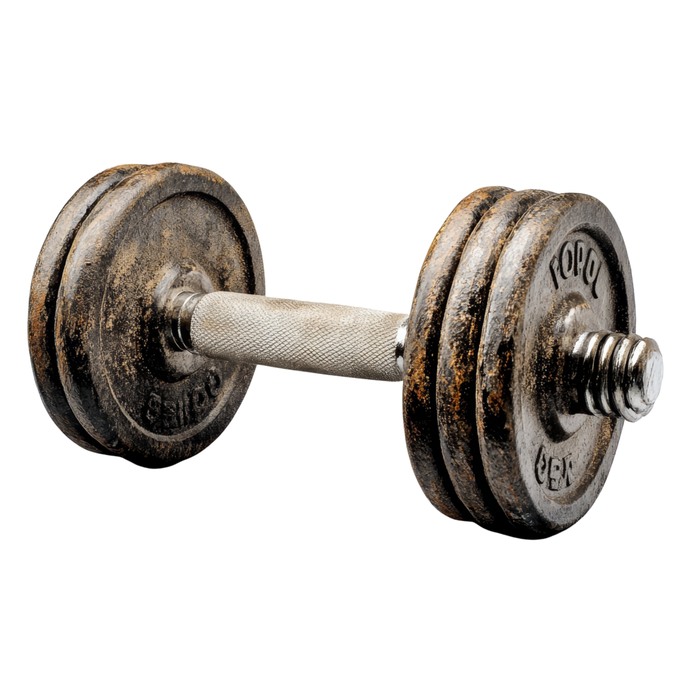 Textured grip dumbbell with weight plates on a clean transparent background for fitness lovers, a dumbbell isolated on transparent background png
