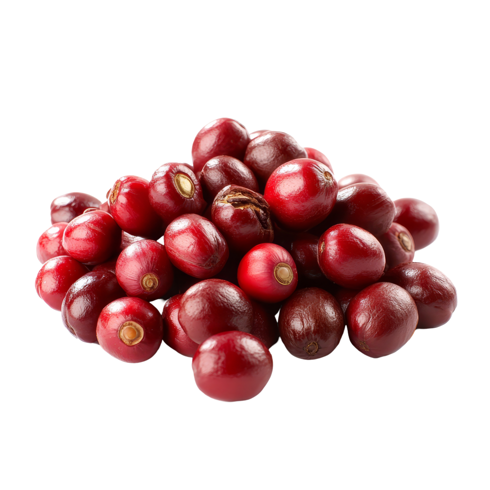 Freshly harvested red coffee beans isolated against a transparent backdrop showcasing their vibrant color and quality, red coffee beans isolated on transparent background png