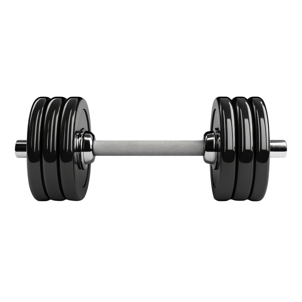 A heavy black dumbbell placed on a clean transparent background for fitness and workout enthusiasts, dumbbell isolated isolated on transparent background png