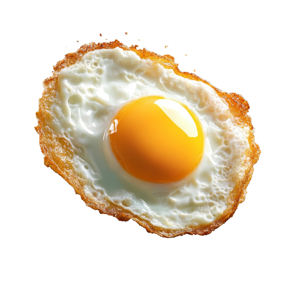 Floating fried egg isolated on a light background showcasing its golden yolk and crispy edges, Floating fried egg isolated png