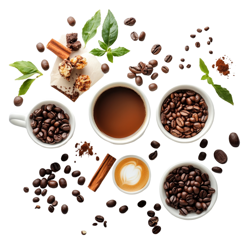 A vibrant assortment of coffee types, beans, and ingredients arranged neatly on a transparent background, Different types of coffee and ingredients png