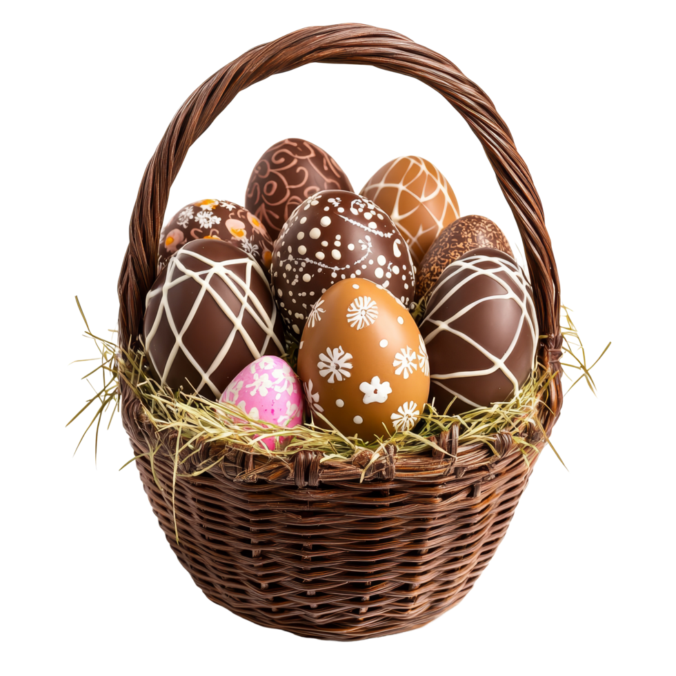 Decorative chocolate Easter eggs in a woven basket with colorful accents on a transparent background, Chocolate Easter Egg Gift in Basket Isolated on transparent background png