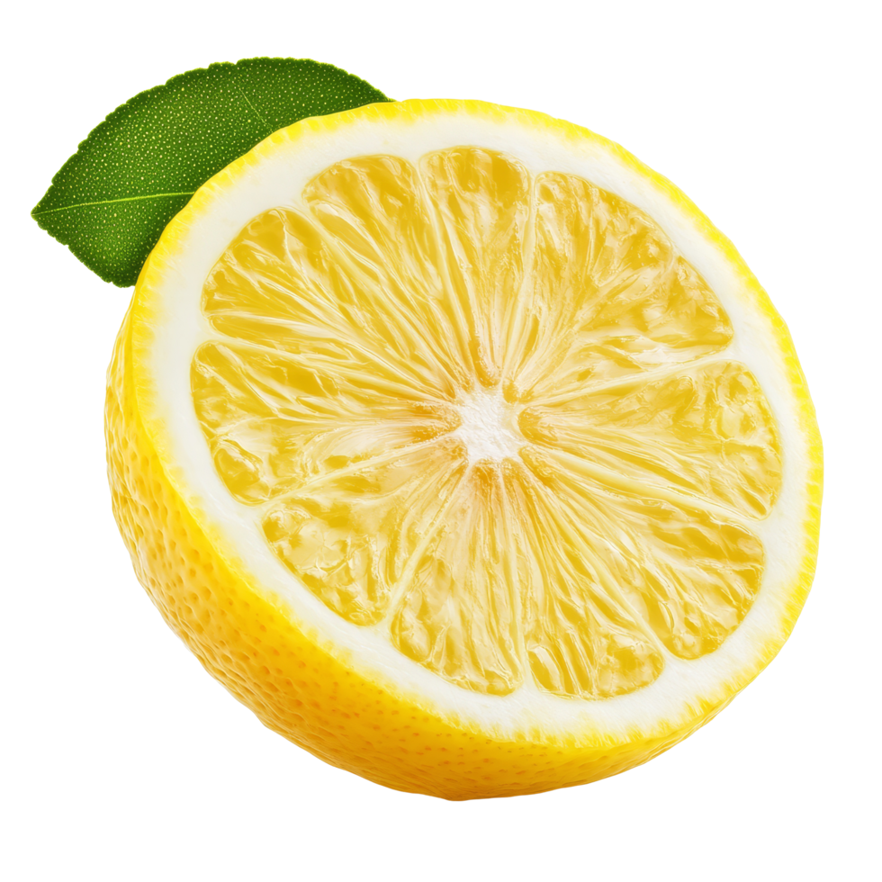Freshly cut lemon isolated on a transparent background with vibrant yellow color and green leaf accenting its juiciness, lemon isolated on transparent background png