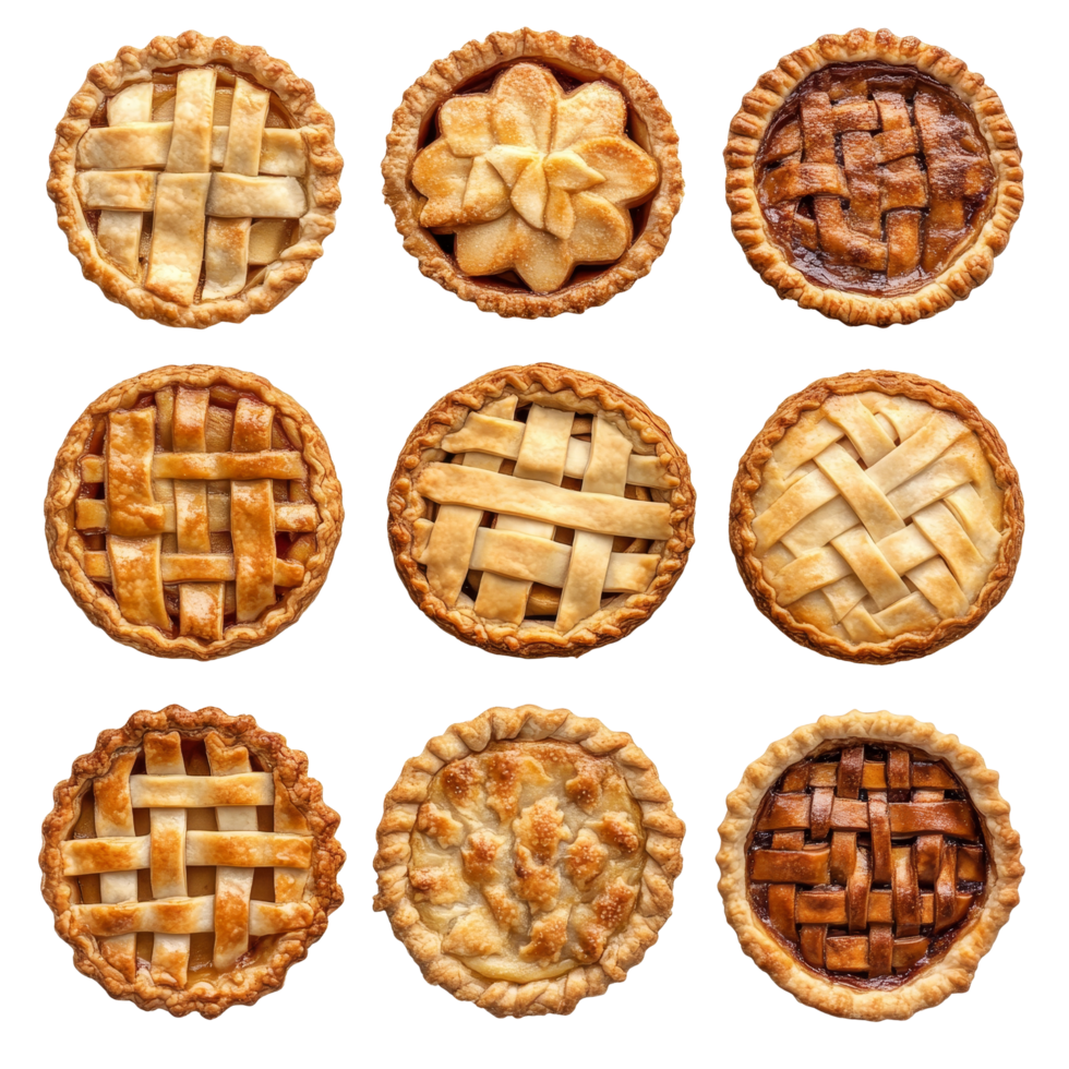 A delightful assortment of apple pies arranged in a decorative pattern on a transparent table surface, Apple pies top view isolated on transparent background png