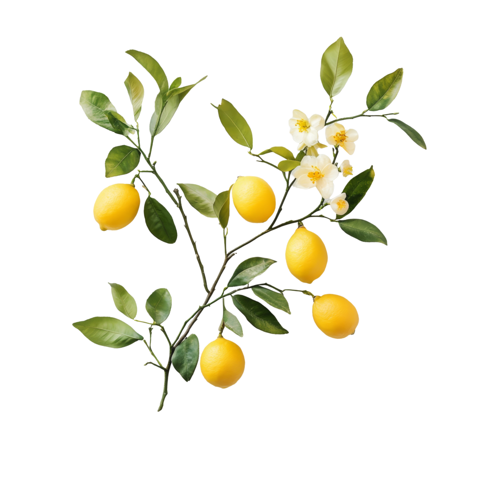 Fresh lemons on a branch with vibrant leaves against a transparent background showcasing natural beauty, Branch with Fresh Lemons on transparent background png