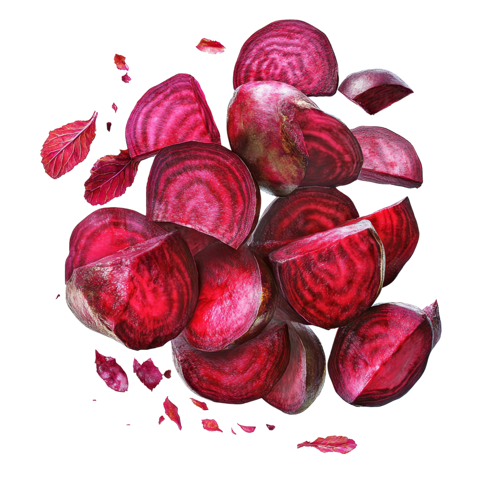 Sliced beetroot arranged artistically on a clean transparent background showcasing vibrant colors and textures, slice beetroot vegetables on transparent background png