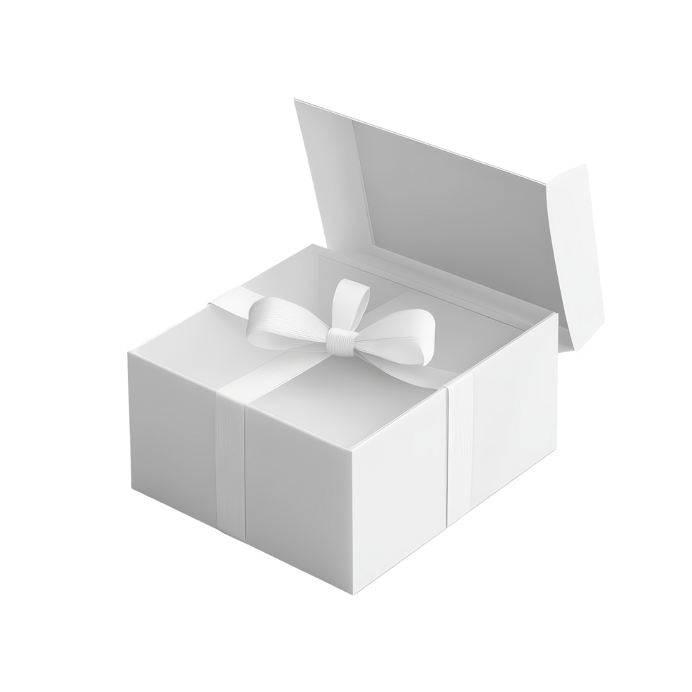 A transparent open gift box with a bow, ready for special occasions like birthdays or holidays, placed on a light surface, transparent open gift box png