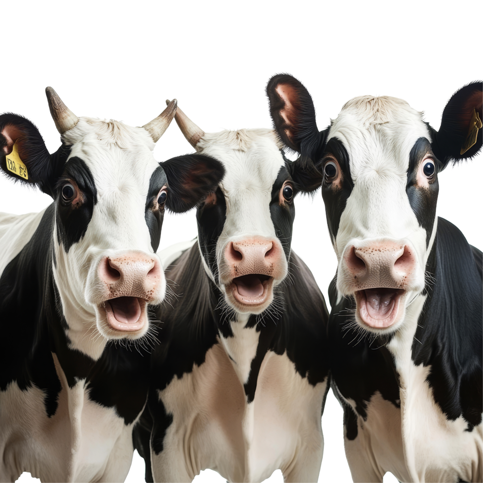 Three cows with shocked expressions against a transparent background, showcasing their amusing reactions in a themed setting, Cows with Shock Expression, Funny on transparent background png