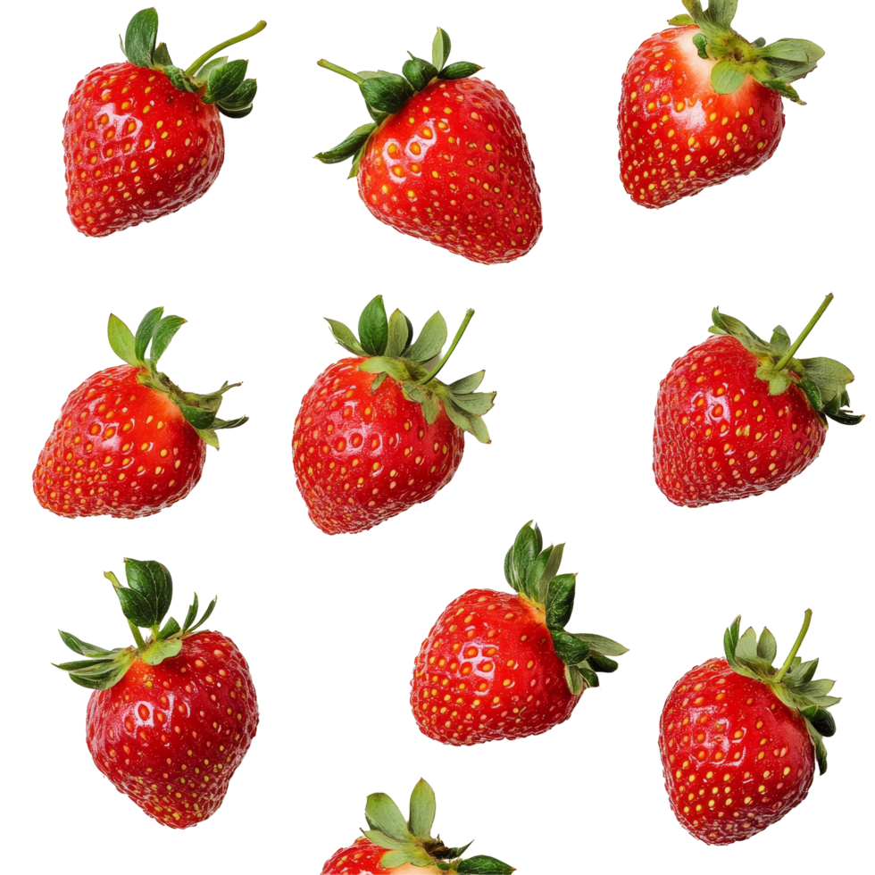 Fresh strawberries arranged neatly on a transparent background showcasing their vibrant color and texture, strawberries close up on transparent background png