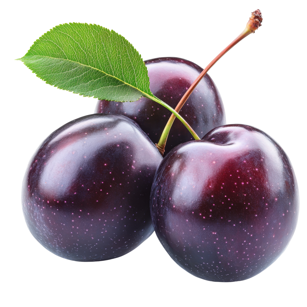 Fresh plums with green leaf isolated on a transparent background, showcasing their rich color and natural appeal, plums isolated on transparent background png