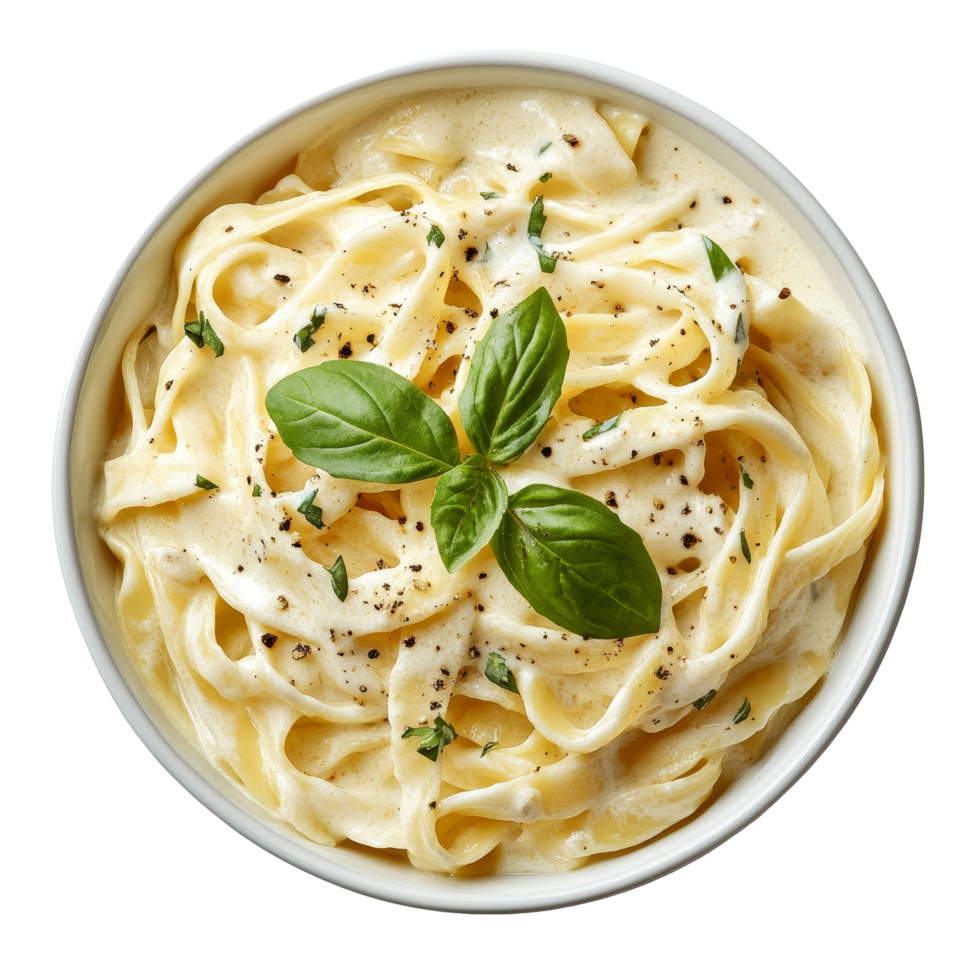 A delicious bowl of fettuccini alfredo garnished with fresh basil from a top view, a bowl of fettucini alfredo with garnish, top view, isolated transparent background png