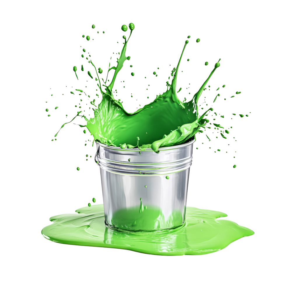 Green paint splashes dramatically from a shiny silver bucket on a transparent surface during a creative art project, green paint splashing from silver shiny paint bucket on transparent background png
