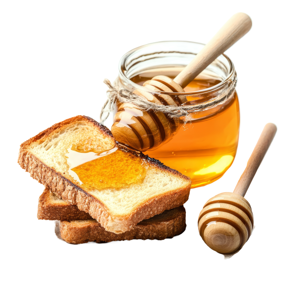 Enjoying fresh honey drizzled on toasted biscuits, perfect for breakfast or snack time, Fresh honey with toast biscuit on a transparent background png
