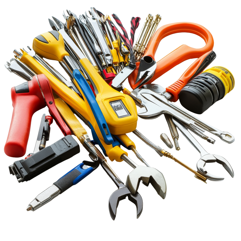A comprehensive collection of electrician tools arranged on a transparent background for easy identification and access, Group of electrician tools isolated png