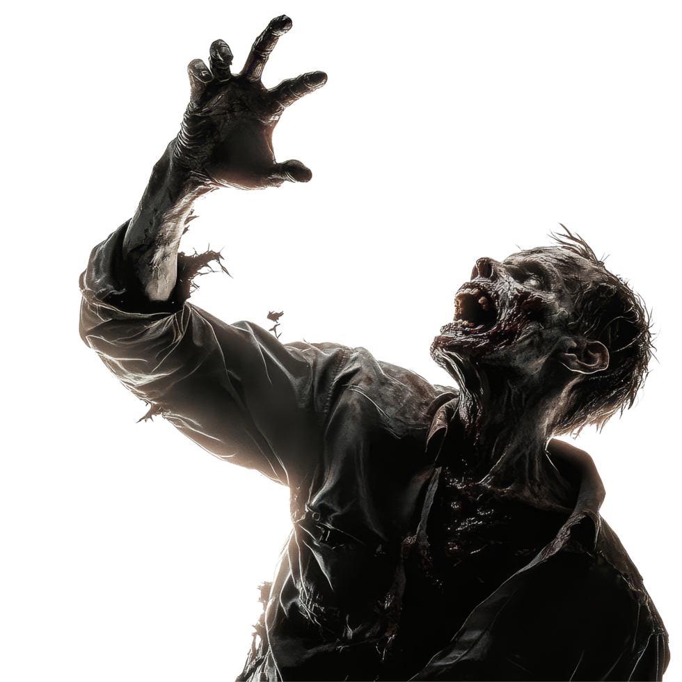 A horror zombie lunges towards its victim against a stark transparent background in a chilling nighttime encounter, Horror Zombie Reaching his Victim on transparent background png