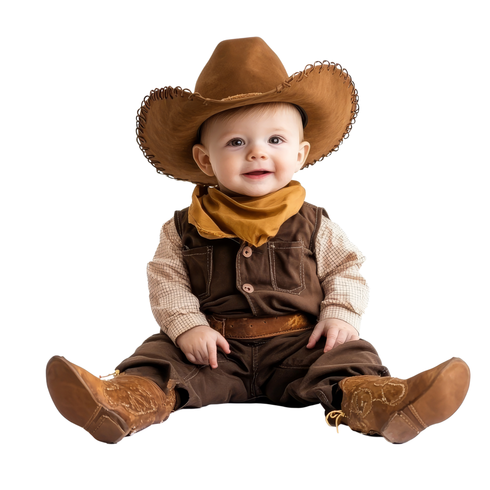 Cute baby dressed as a cowboy sitting on a transparent background in a playful pose, Baby kid dressed as cowboy isolated on transparent background png