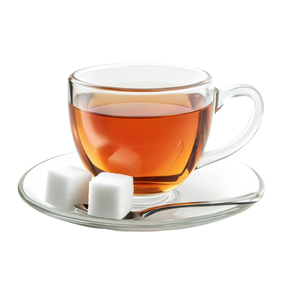 A glass cup of tea with sugar cubes on a saucer isolated against a clean transparent background, Glass cup of tea and sugar isolated on transparent background png