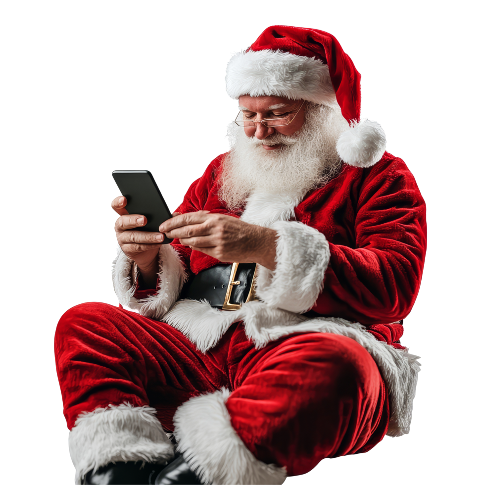 Santa Claus relaxing while chatting on a smartphone during the holiday season, set against a plain background, file no background Santa Claus sitting and chatting with his phone png