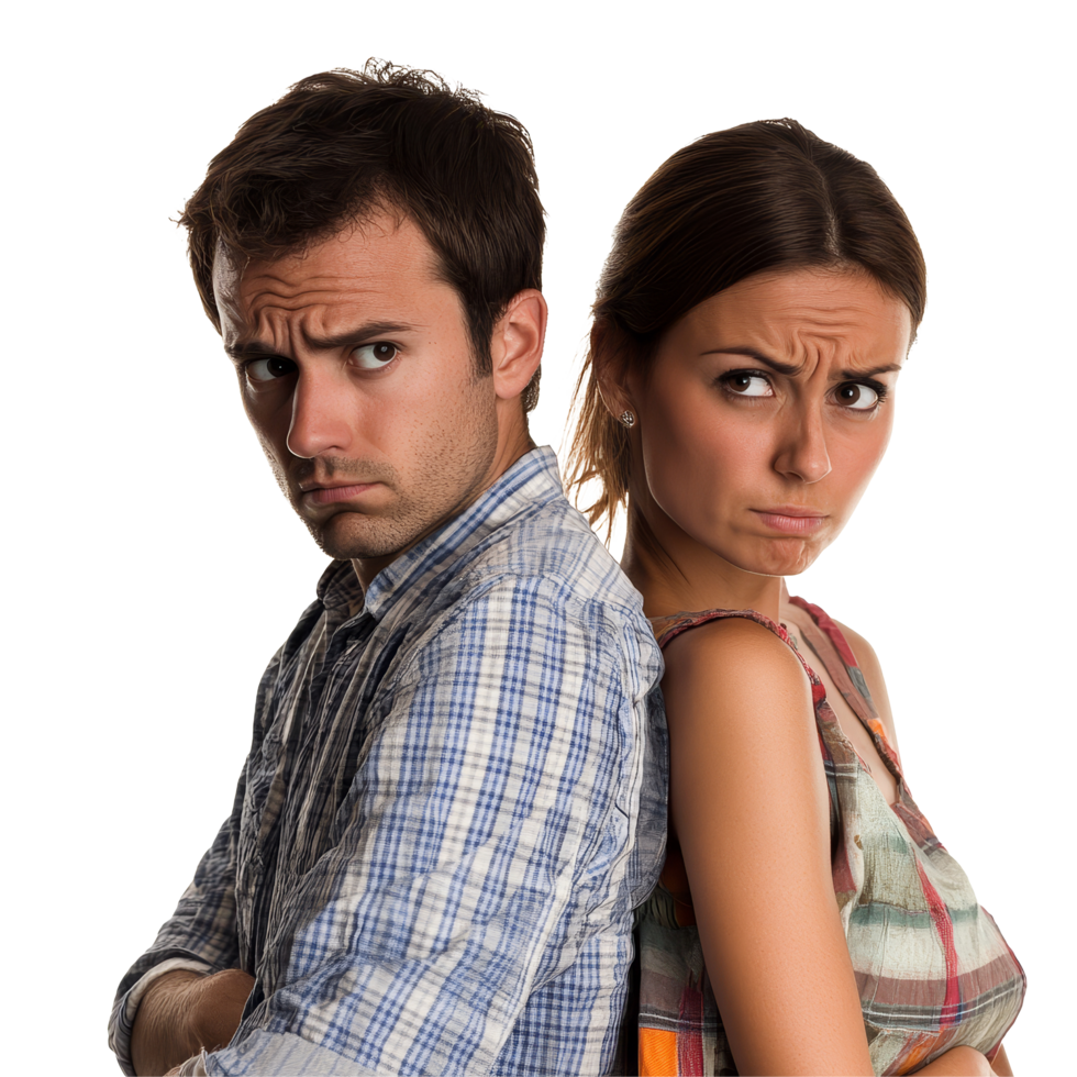 A couple stands isolated in transparent, facing away from each other, reflecting emotional distress and unhappiness, unhappy couple isolated on transparent png