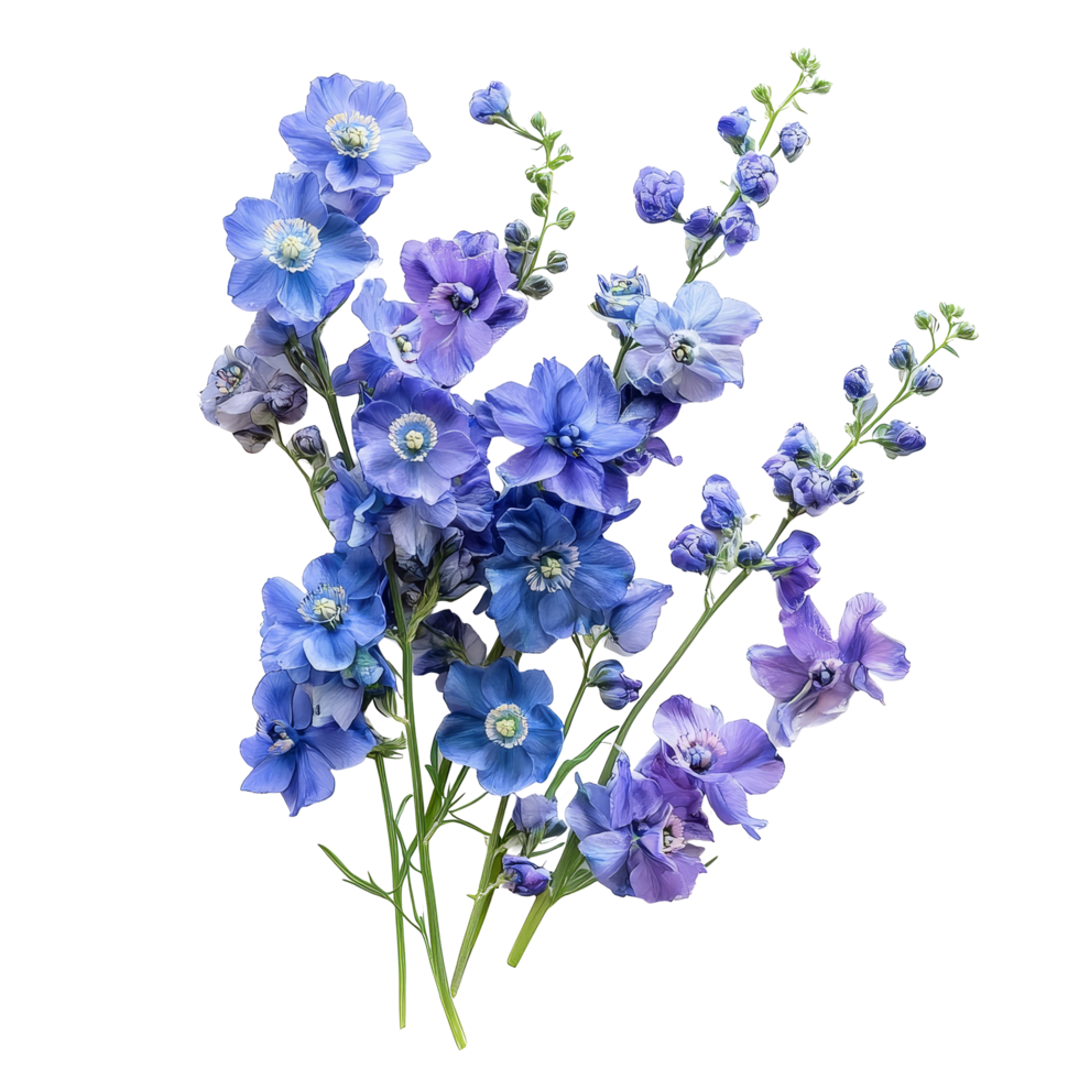 Beautiful bouquet of delphinium flowers in shades of blue on a light background, Bouquet of delphinium flowers, isolated on transparent background png