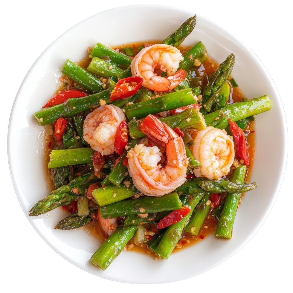 Delicious Thai asparagus stirfried with prawns served in a vibrant sauce for a wholesome meal, thai food , Asparagus stir fried with prawns on transparent background png