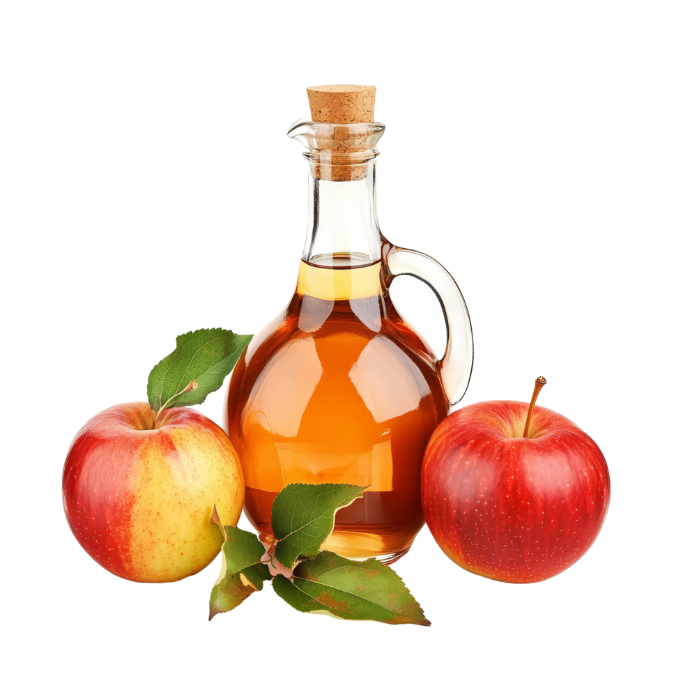Fresh red apples beside a bottle of apple cider vinegar on a clean transparent background, A jug of apple cider vinegar with fresh red apples isolated png