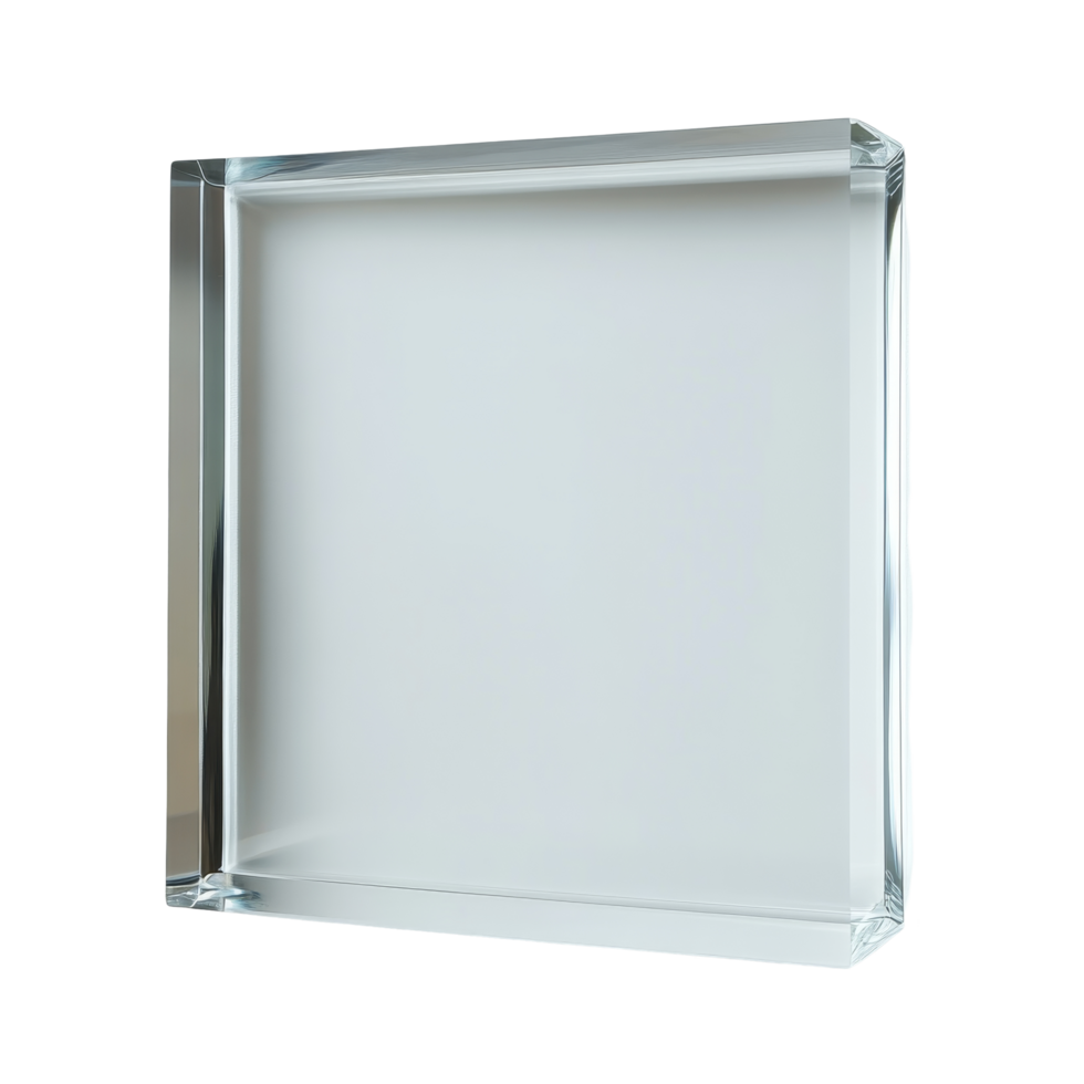 Acrylic glass frame showcasing a transparent display on a clean transparent background in a modern setting, acrylic glass frame on transparent background png