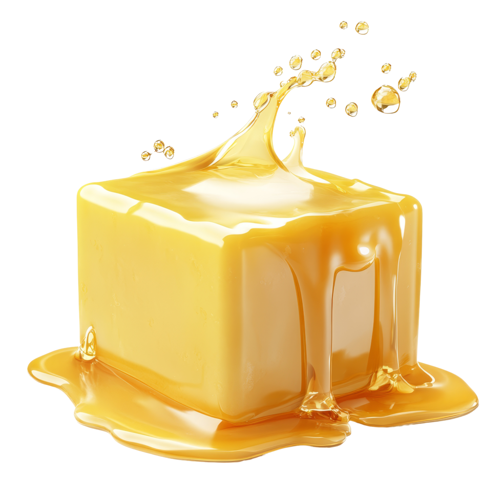 Melting cube of butter on a transparent background creates an inviting culinary atmosphere, Cube butter melting isolated png